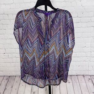 Hale Bob Chevron Mixed Media Colorful Sheer Button Down Top Size Medium